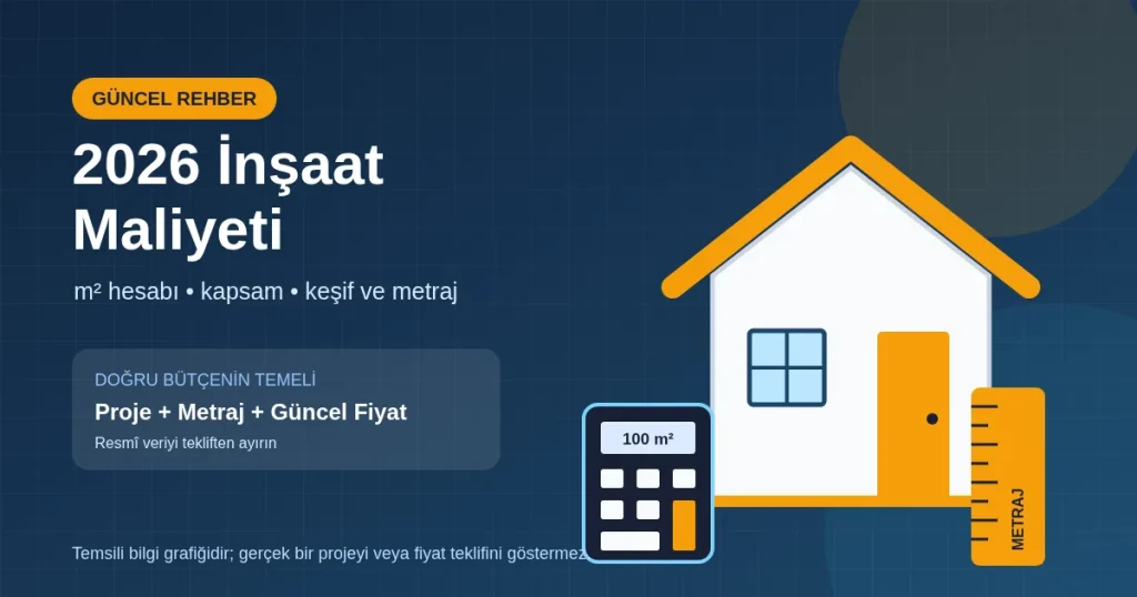 2026 inşaat maliyeti rehberi için temsili ev, hesap makinesi ve metraj cetveli illüstrasyonu