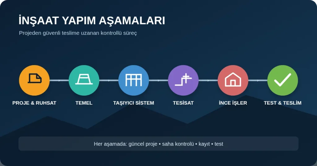 Proje ve ruhsat, temel, taşıyıcı sistem, tesisat, ince işler ile test ve teslim adımlarını gösteren inşaat yapım aşamaları şeması