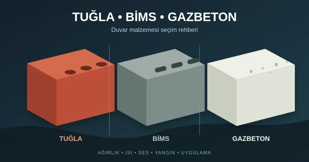 Kırmızı delikli tuğla, gri bims blok ve açık renk gazbeton bloğun yan yana gösterildiği karşılaştırma şeması